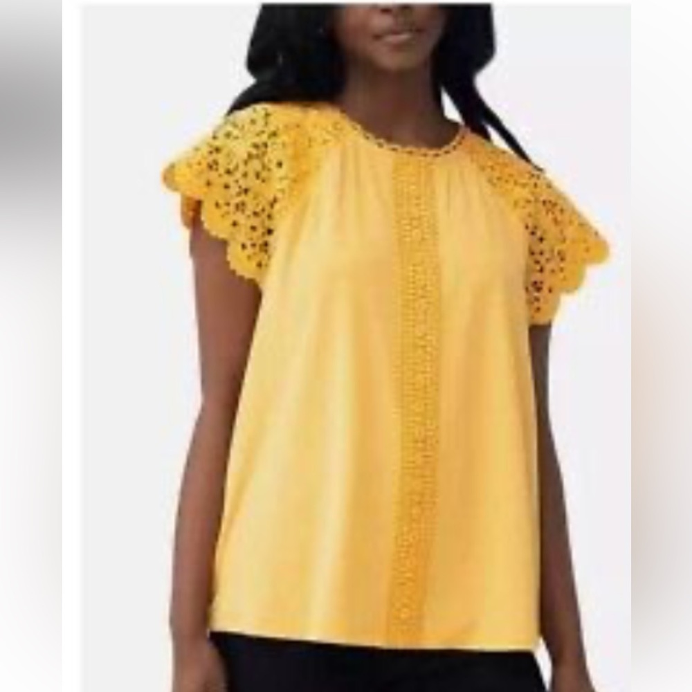 CABLE & GAUGE  Yellow Embroidered Lace Short Sleeve Blouse L NWOT